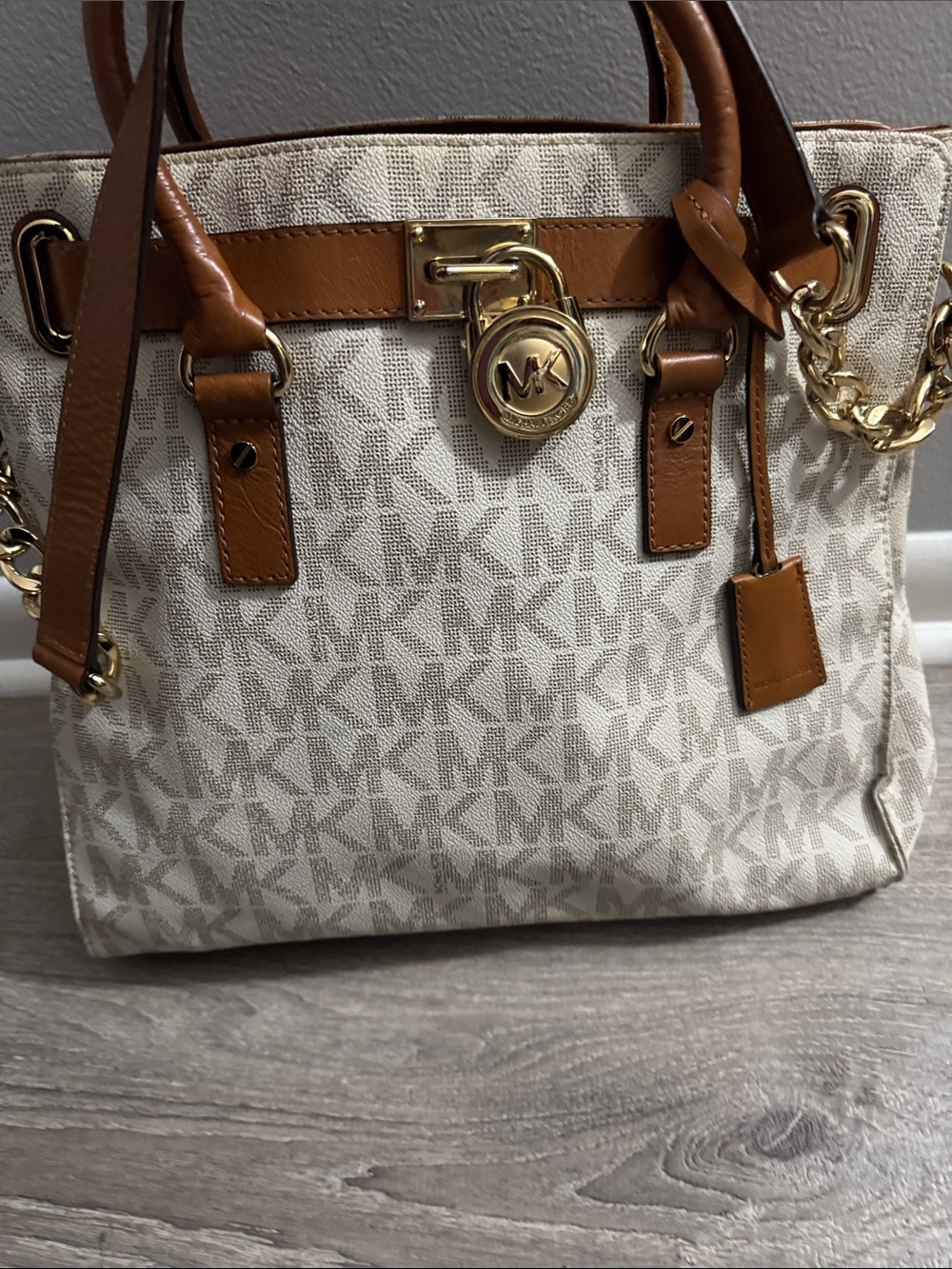 Michael Kors Cream Signature Canvas Shoulder Bag with Tan Leather Trim